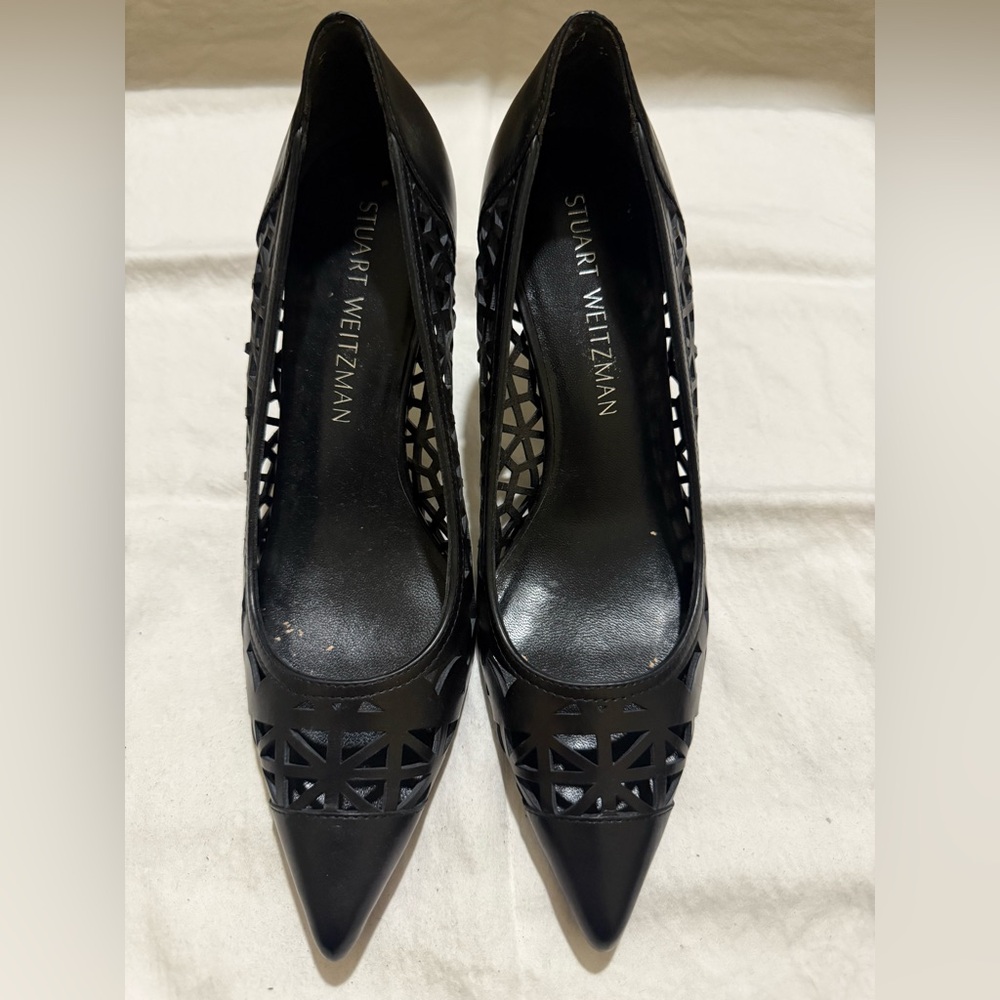 Stuart Weitzman The Cutin Pointy Toe Black Laser Cutout Classic Pump.